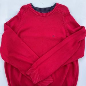 Red Tommy Hilfiger knit crewneck with blue collar